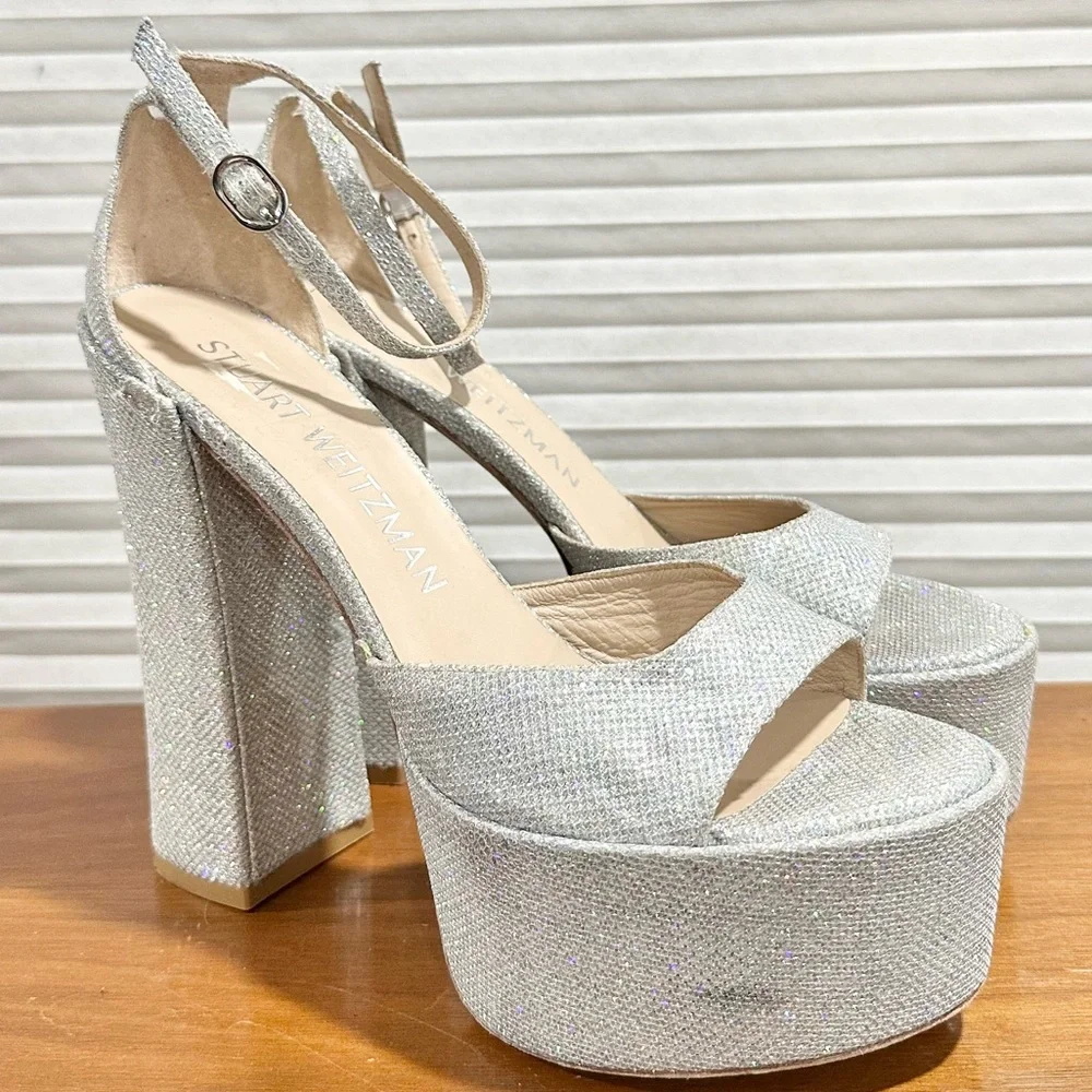 🌹STUART WEITZMAN🌹 Skyhigh 145 Silver Platform Sandal Heel Size: 10
